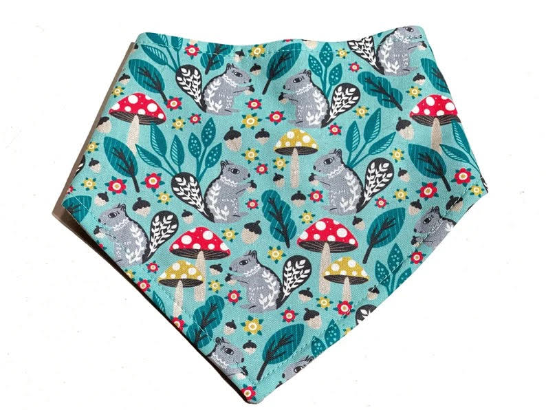 organic cotton dog bandana featuring gray squirrels and toadstools