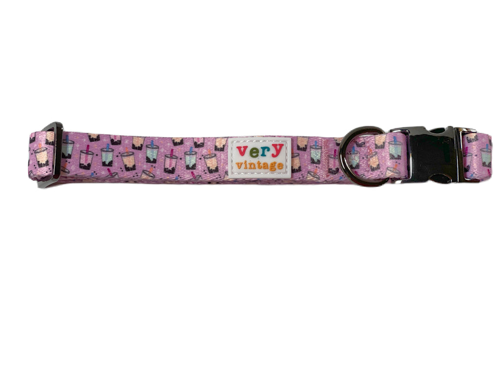 Stylish light purple dog collar featuring colorful boba milk tea. Durable design with luxurious metal hardware.