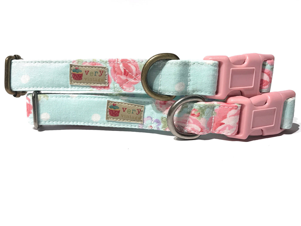 mint green with light pink cabbage roses collar for dog or cat