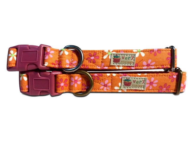 Vibrant orange dog and cat collar featuring retro 60s and 70s-inspired groovy flowers in pink, white, and yellow. Perfect for adding a pop of color and vintage flair to your pet’s style.