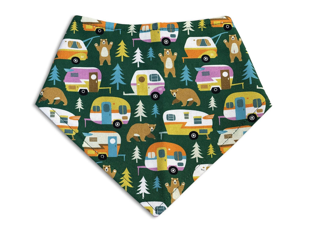 handmade in Los Angeles, hunter green cutesy rv camper dog and cat bandana with bears. Has 3 snaps for an adjustable and secure fit.