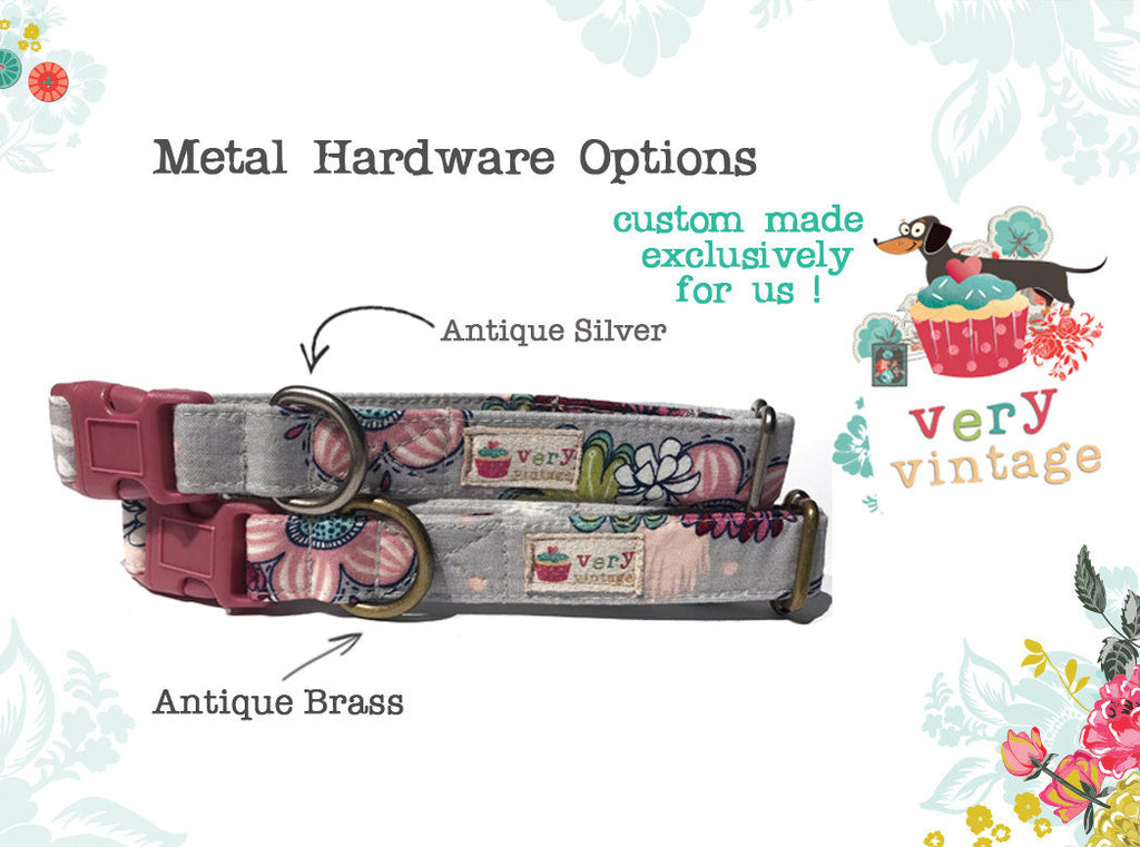 antique brass and antique silver hardware finish options for dog and cat collars
