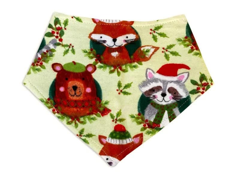 Handmade festive Holiday Critters bandana for dogs and cats, featuring playful holiday-themed designs, eco-friendly fabric, and adjustable snap closures for a perfect fit.