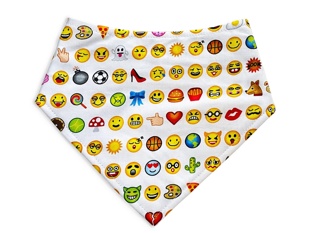 Handmade in Los Angeles. White Emoji pattern dog bandana with 3 Snaps for an adjustable fit.