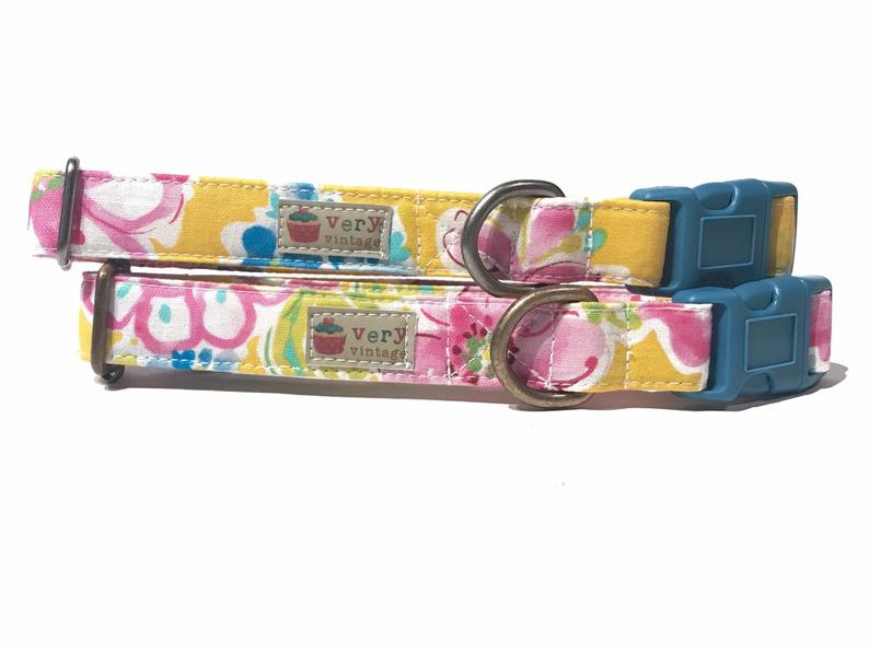 lemon yellow with pink and blue flowers collar for a dog or cat