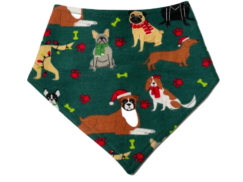 dark green with christmas dogs bandana for dog or cat