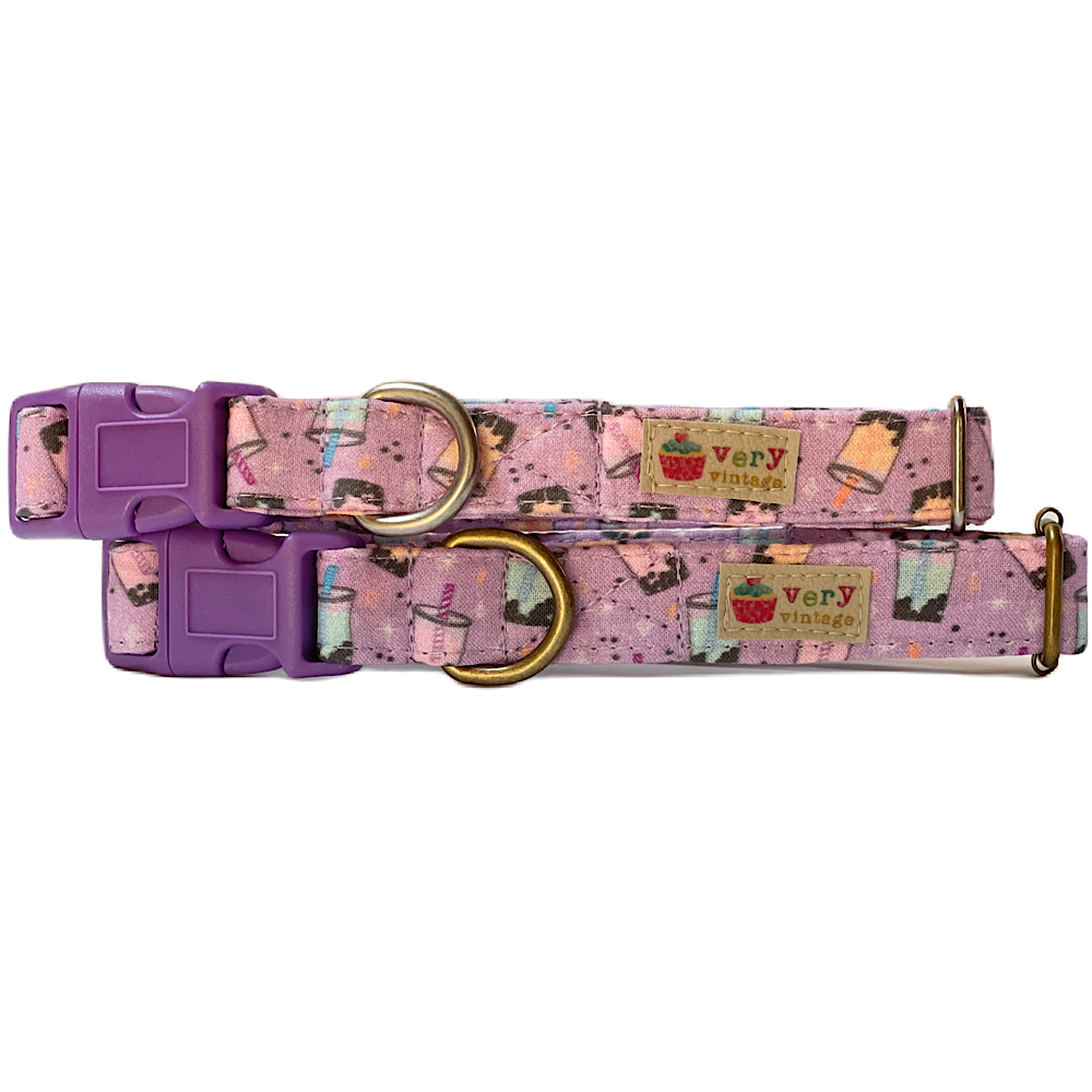 light purple with colorful boba or bubble tea drinks collar for dog or cat