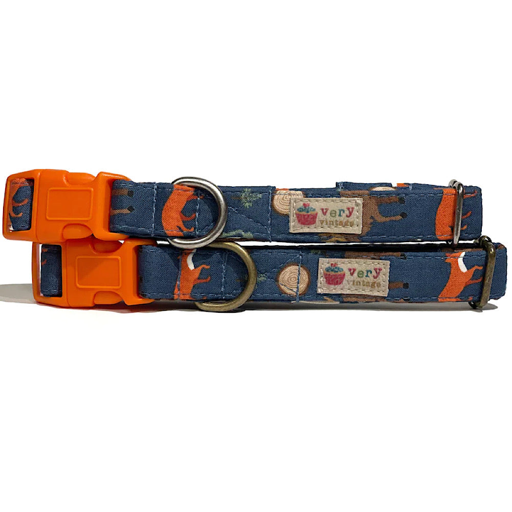 blue with fox, moose and tree stumps collar for dog or cat