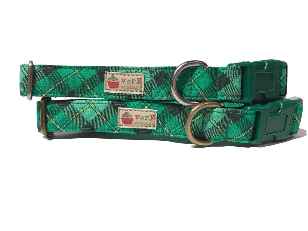 Close-up of an organic cotton dog collar with a green-on-green plaid pattern, featuring antique brass or antique silver hardware. Perfect for St Patrick's Day. LA Made.