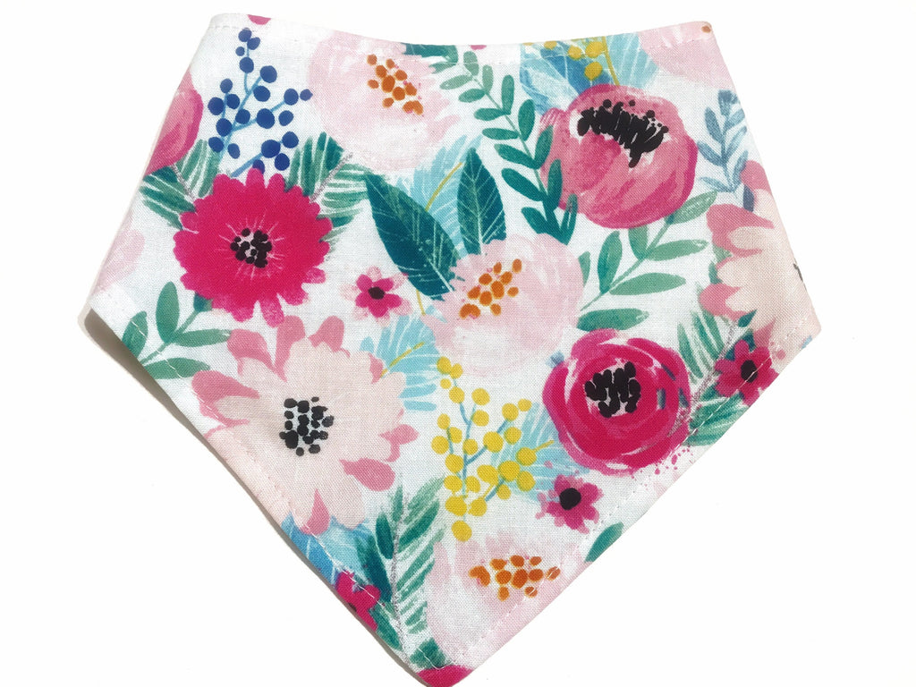white colorful floral snap-on bandana for a dog