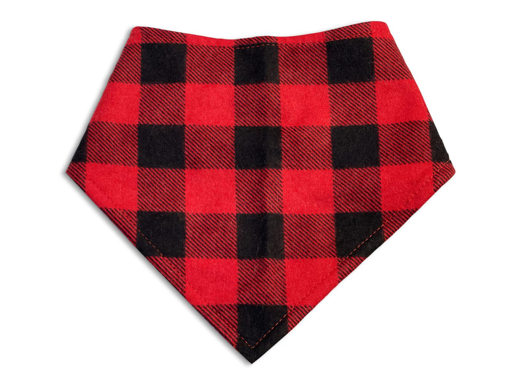 Handmade in Los Angeles. Red and black buffalo flannel plaid dog bandana. 3 Snaps on back for an adjustable and secure fit. 