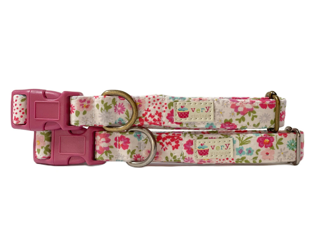 white cotton background with pink and light blue flowers organic cotton dog and cat collars