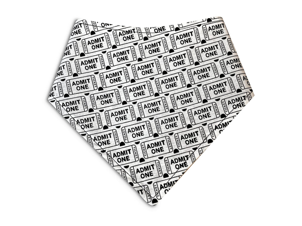 Dog bandana featuring a movie ticket design, perfect for stylish pups.