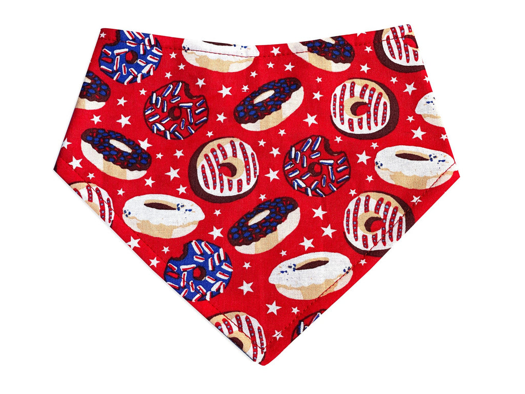 Patriotic donuts bandana for pets, featuring a fun red, white, and blue donut design. Perfect for dogs and cats to celebrate Independence Day with festive style.