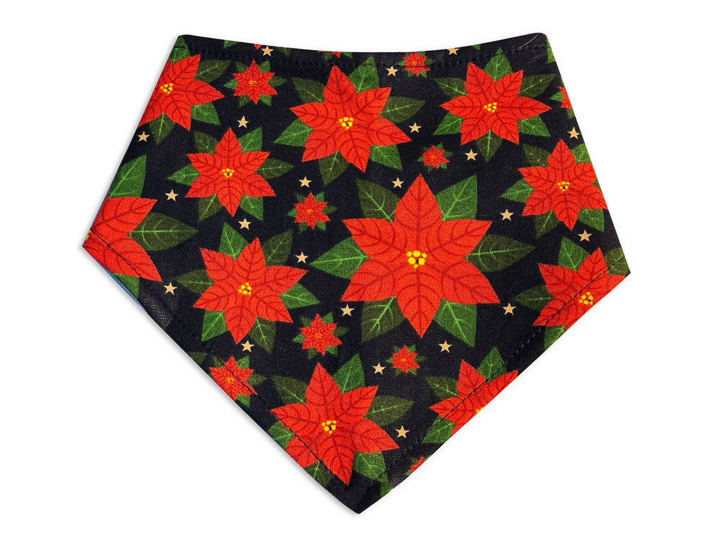 Poinsettia flowers bandana for pets, featuring a vibrant red and green floral design, perfect for Christmas. Available for dogs and cats to celebrate the holiday season in style.