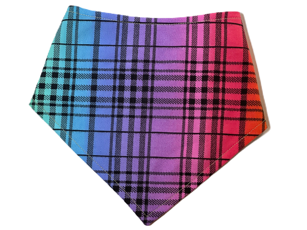 colorful rainbow with black plaid bandana for dogs or cats. Handmade in California. 3 snaps on back for a secure and adjustable fit.