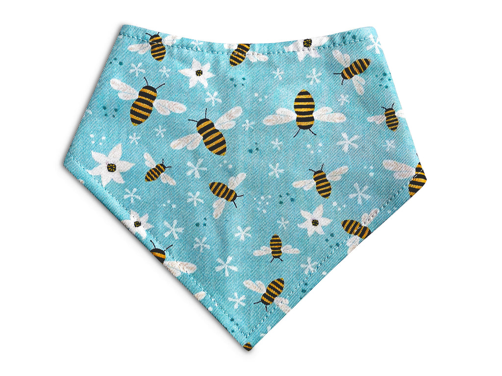 Aqua blue dog bandana featuring a playful yellow bee print, perfect for springtime. Handmade in California. Perfect for Spring and Easter!