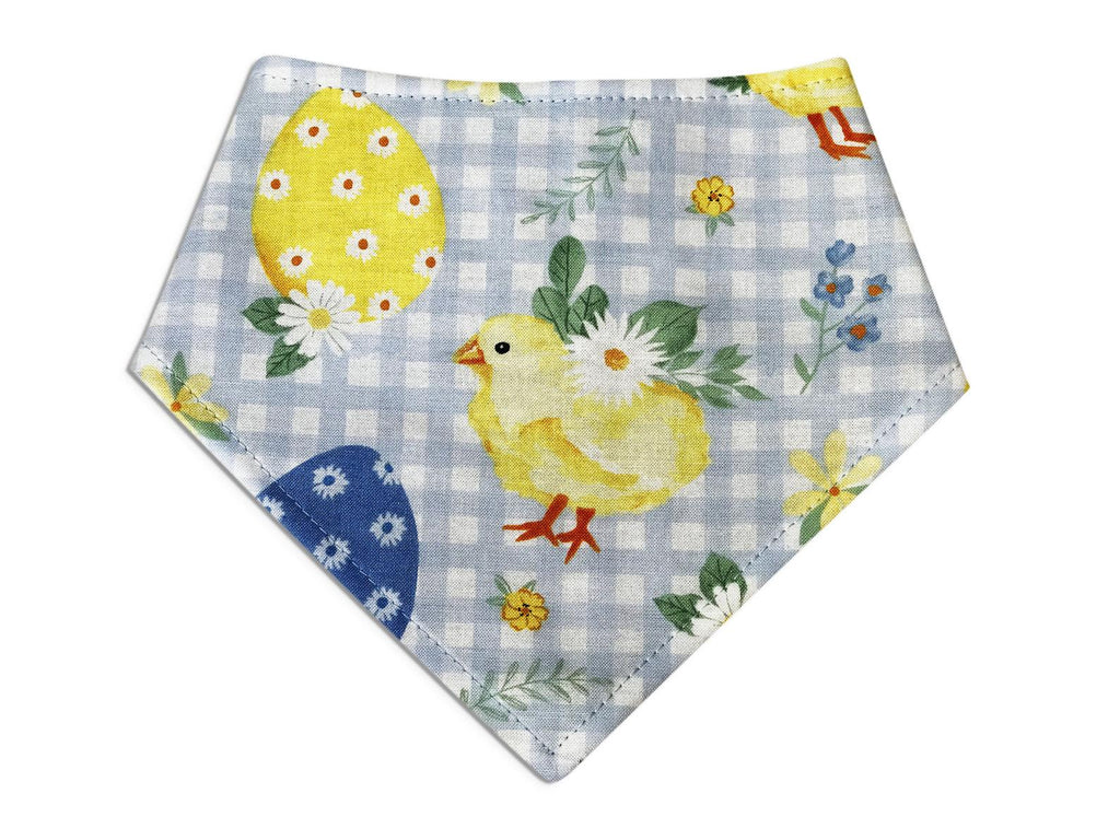 light blue and white checkered plaid dog and cat bandana with adorable chicks and easter eggs. Handmade in Los Angeles.