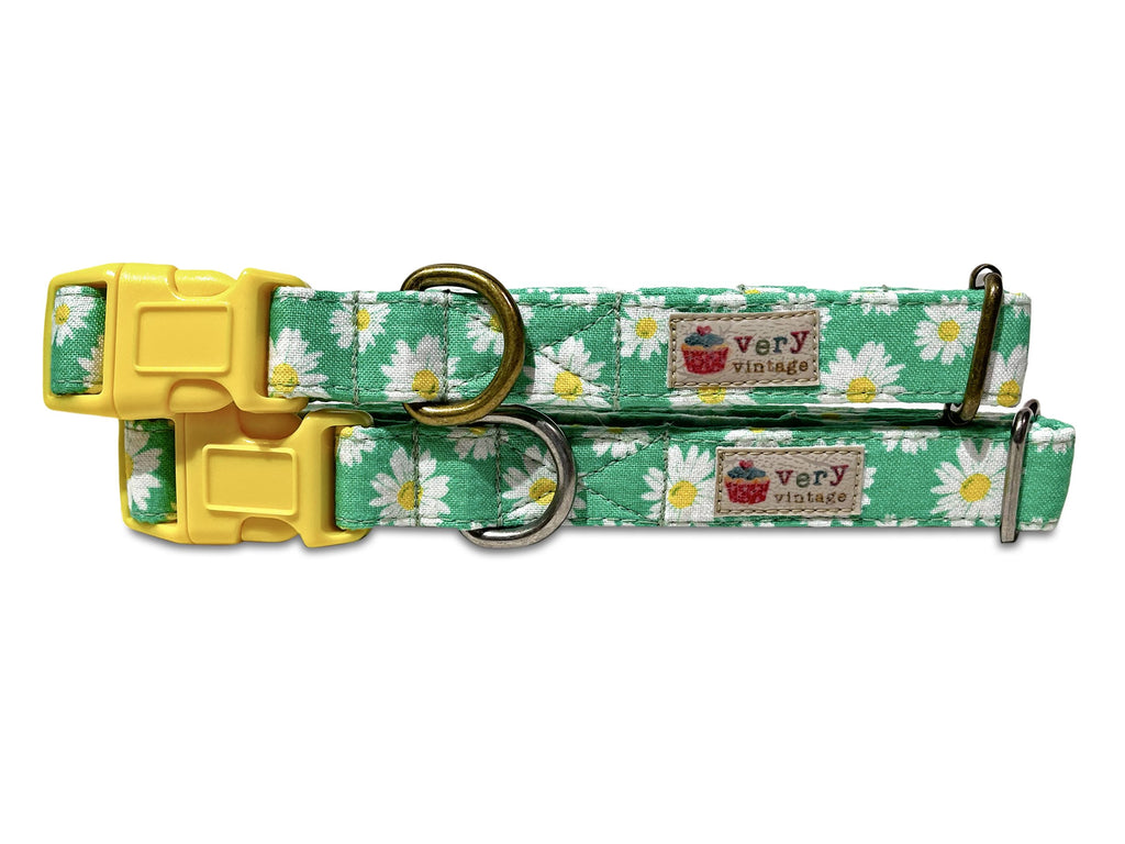 A close-up of the lime green collar featuring white daisies with yellow centers, highlighting the cheerful spring design. The collar comes with either antique brass or antique silver hardware. Handmade in Los Angeles.