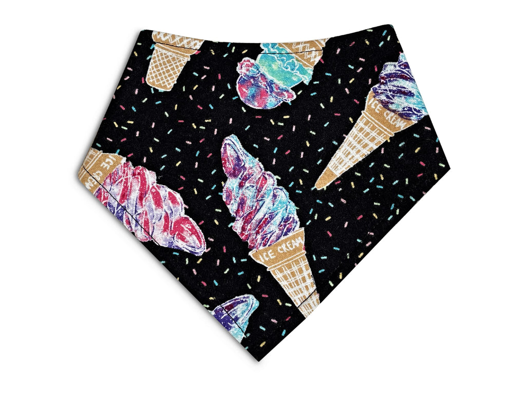 Black with colorful sprinkles birthday ice cream dog and cat bandanas. Handmade in Los Angeles. 3 snaps on back for a secure and adjustable fit. 