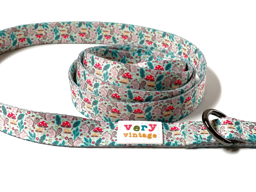 Stylish and comfortable mint green dog lead with a playful squirrel and mushroom pattern, perfect for everyday wear.