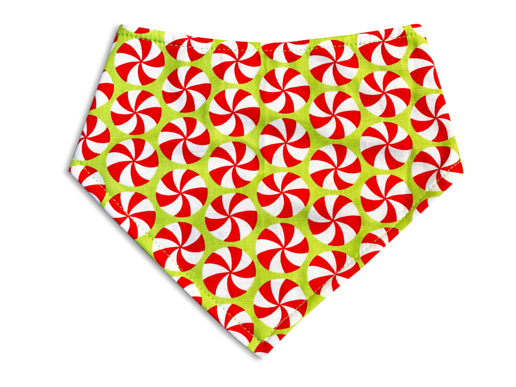 Lime green Christmas bandana with red and white starlight mints, a festive holiday accessory for dogs and cats. Handmade in California.