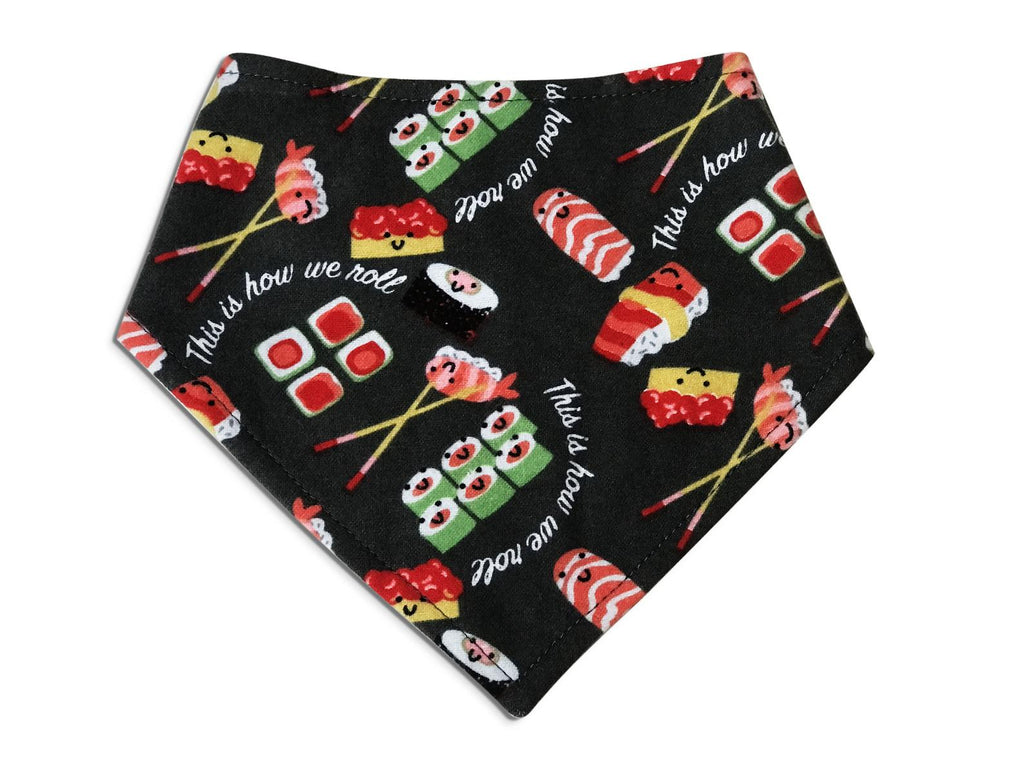 Gray pet bandana featuring a cute sushi pattern. A fun and stylish accessory for dogs who love unique designs. Handmade in California.