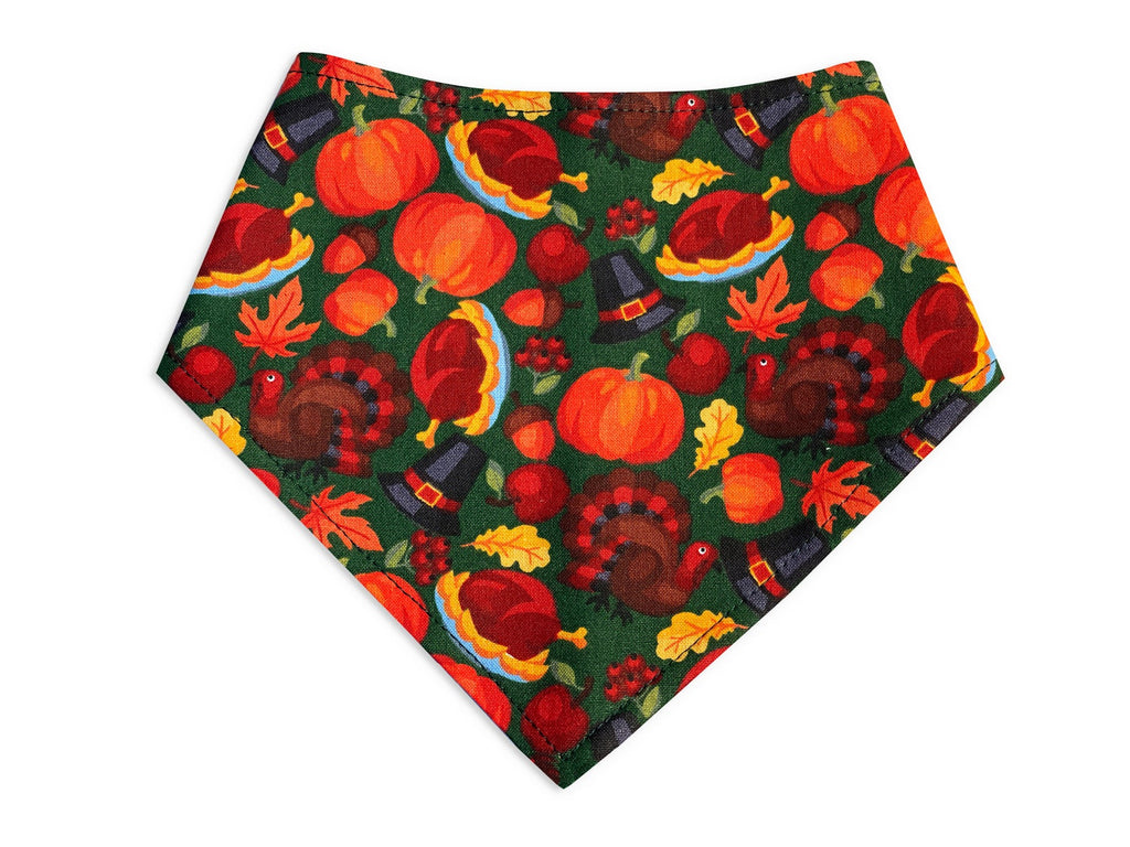 Thanksgiving dog bandana with a turkey, fall leaves and acorns design, perfect for autumn celebrations. Handmade in Los Angeles. 