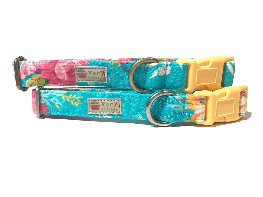 teal green blue with pink and yellow roses collar for dog or cat