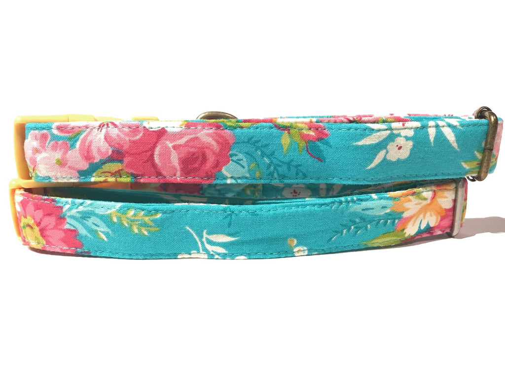 tropical teal with pink flowers collar for dog or cat