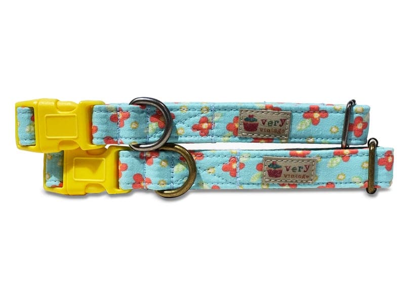 minty teal with salmon flowers organic cotton dog collar