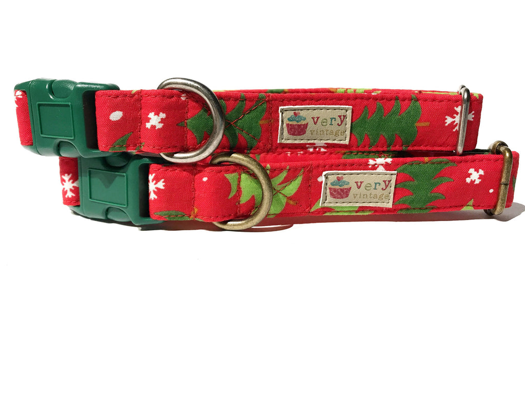 Red with green christmas trees collar for a dog or cat