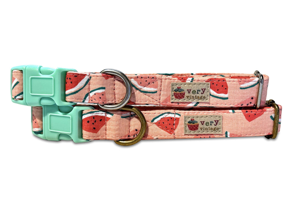 A close-up of the light pink collar with watermelon slices, showcasing the playful and refreshing summer design. Available with antique brass or antique silver hardware, this collar is perfect for summer fun. Handmade in Los Angeles.